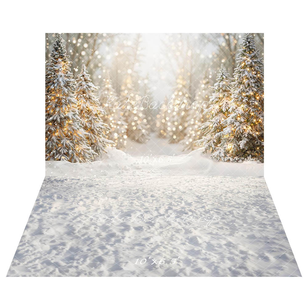 Kate Christmas Winter Snowy Pine Trees Bokeh Lights Backdrop+Winter Snow Texture Floor Backdrop
