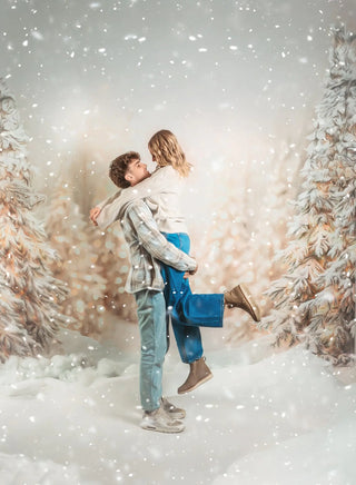 Kate Christmas Winter Snowy Pine Trees Bokeh Lights Printed Backdrop Designed by Emetselch