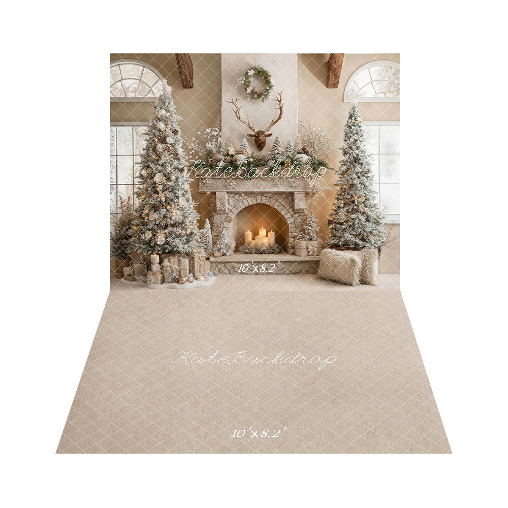 Kate Christmas Rustic Fireplace Antlers Snowy Trees Candles Backdrop+Beige Pattern Abstract Texture Floor Backdrop