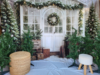 Kate Christmas Greenhouse Pine Trees Garland Crates Printed Backdrop Designed by Patty Roberts
