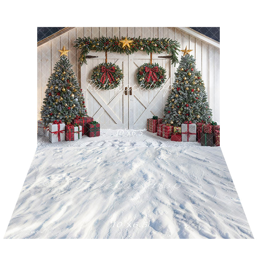 Kate Christmas Trees Wreath White Barn Door Red Plaid Backdrop+White Snow Abstract Texture Floor Backdrop