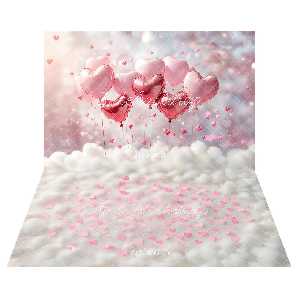 Kate Valentines Pink Heart Balloons Clouds Backdrop+Pink Hearts on White Cloud Texture Floor Backdrop