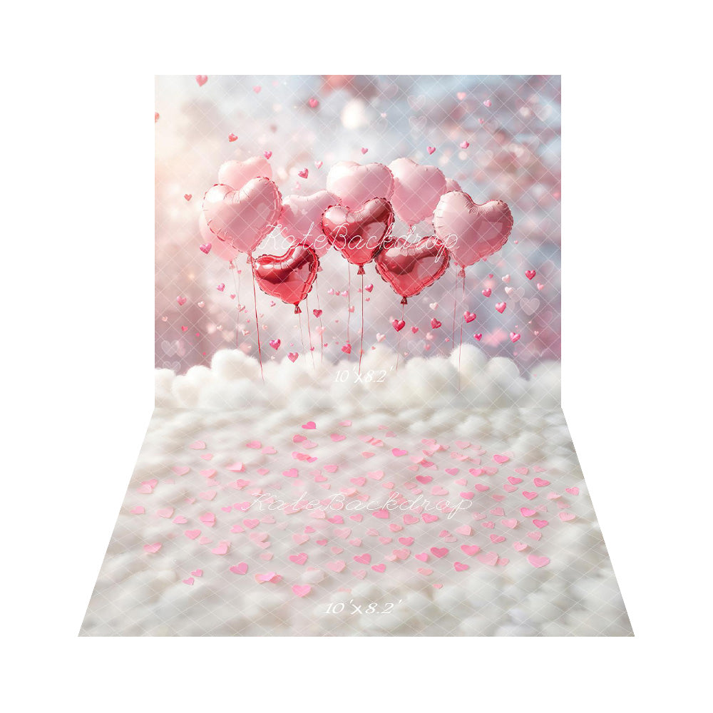 Kate Valentines Pink Heart Balloons Clouds Backdrop+Pink Hearts on White Cloud Texture Floor Backdrop