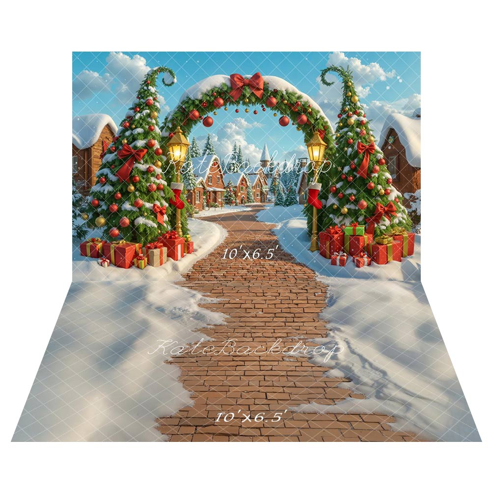 Kate Christmas Tree Arch Gifts Snowy Village Backdrop+Winter Brick Path Snow Floor Backdrop
