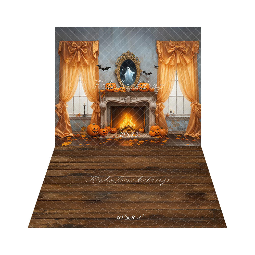 Kate Halloween Pumpkin Fireplace Bow Curtains Ghost Mirror Backdrop+Brown Wooden Floor Backdrop