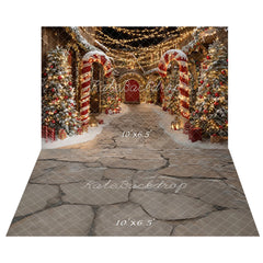 Kate Christmas Candy Cane Snowy Village Lights Printed Backdrop+ Gray Cobblestone Floor Printed Backdrop