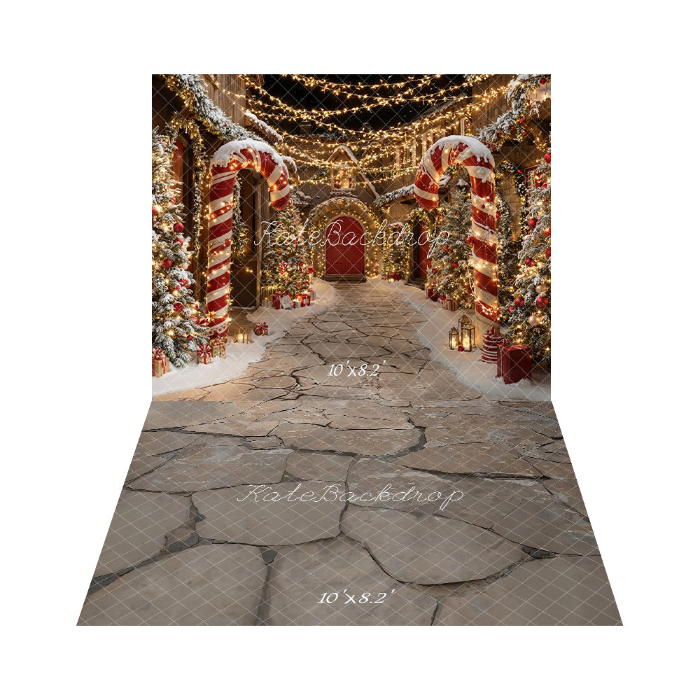 Kate Christmas Candy Cane Snowy Village Lights Backdrop+ Gray Cobblestone Floor Backdrop