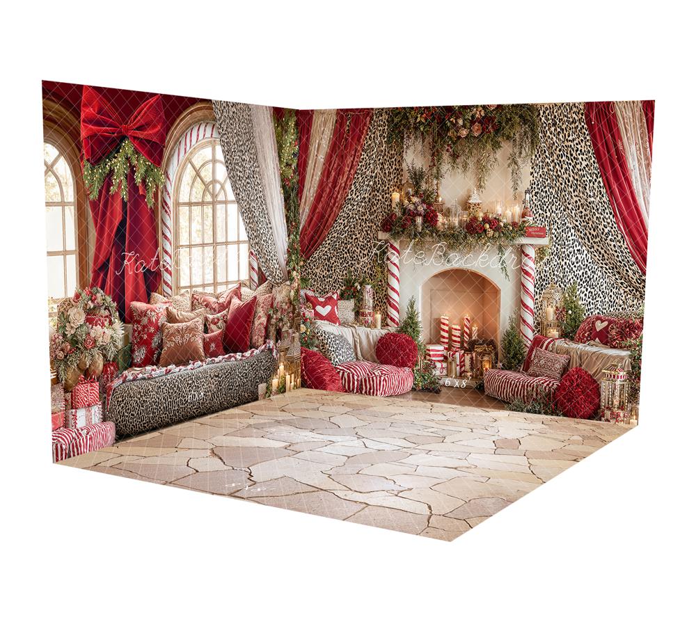 Kate Valentines Red Bow Leopard Curtain Window Floral Room Set
