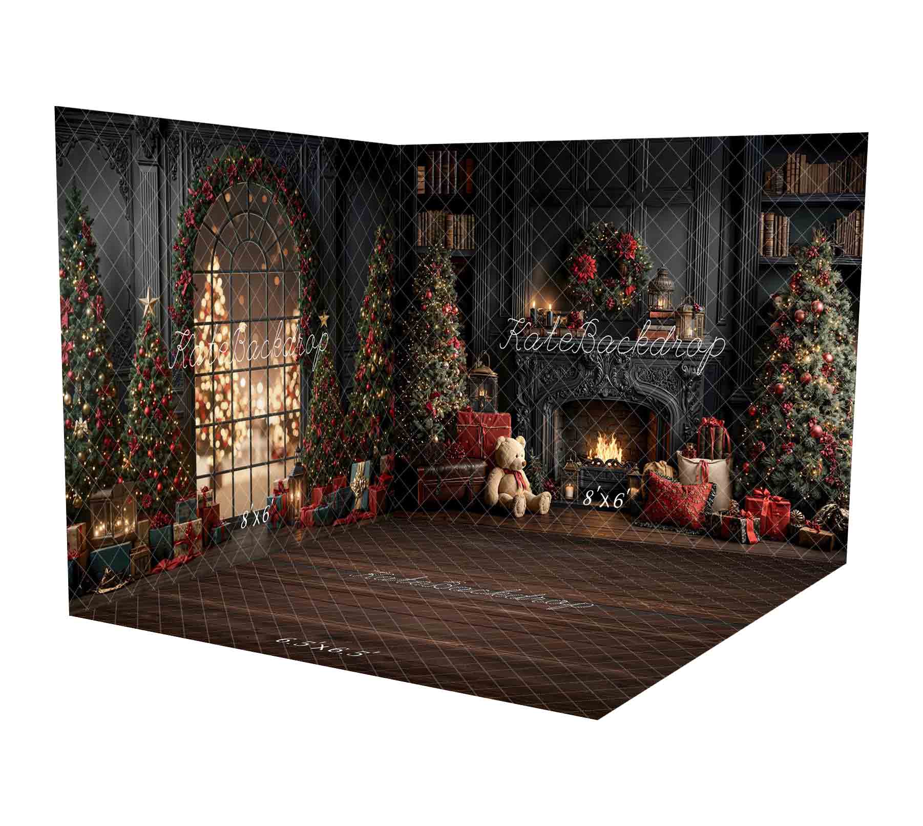 Kate Christmas Vintage Fireplace Wreath Trees Gifts Bookshelves Room Set