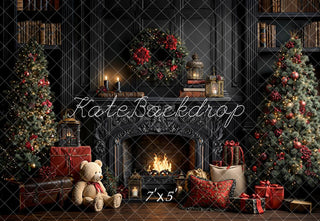 Kate Christmas Vintage Fireplace Wreath Trees Gifts Bookshelves Printed Backdrop Designed by Emetselch