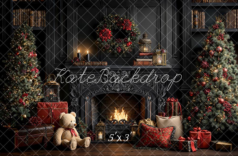 Kate Christmas Vintage Fireplace Wreath Trees Gifts Bookshelves Printed Backdrop Designed by Emetselch