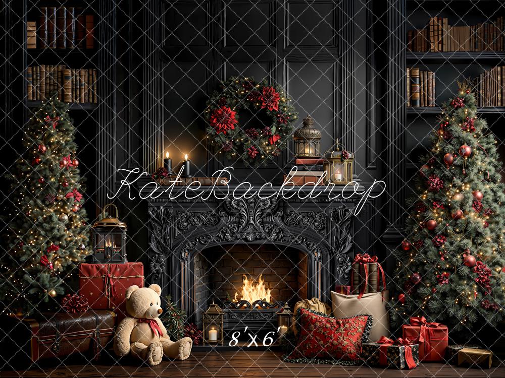 Kate Christmas Vintage Fireplace Wreath Trees Gifts Bookshelves Printed Backdrop Designed by Emetselch