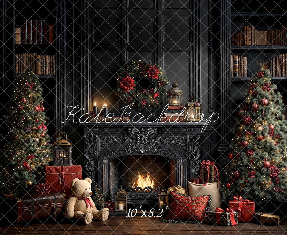 Kate Christmas Vintage Fireplace Wreath Trees Gifts Bookshelves Printed Backdrop Designed by Emetselch