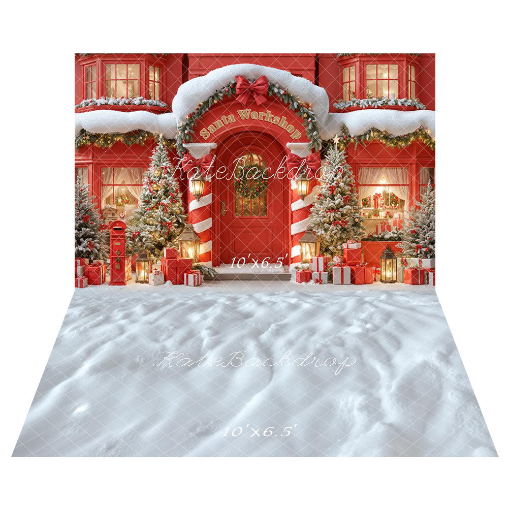 Kate Christmas Santa Workshop Red Snowy Trees Presents Backdrop+Winter White Snow Floor Backdrop