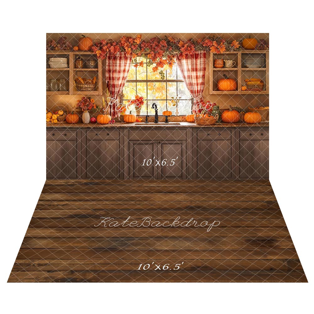 Kate Fall Kitchen Window Pumpkins Rustic Shelves Backdrop+Brown Wooden Floor Backdrop