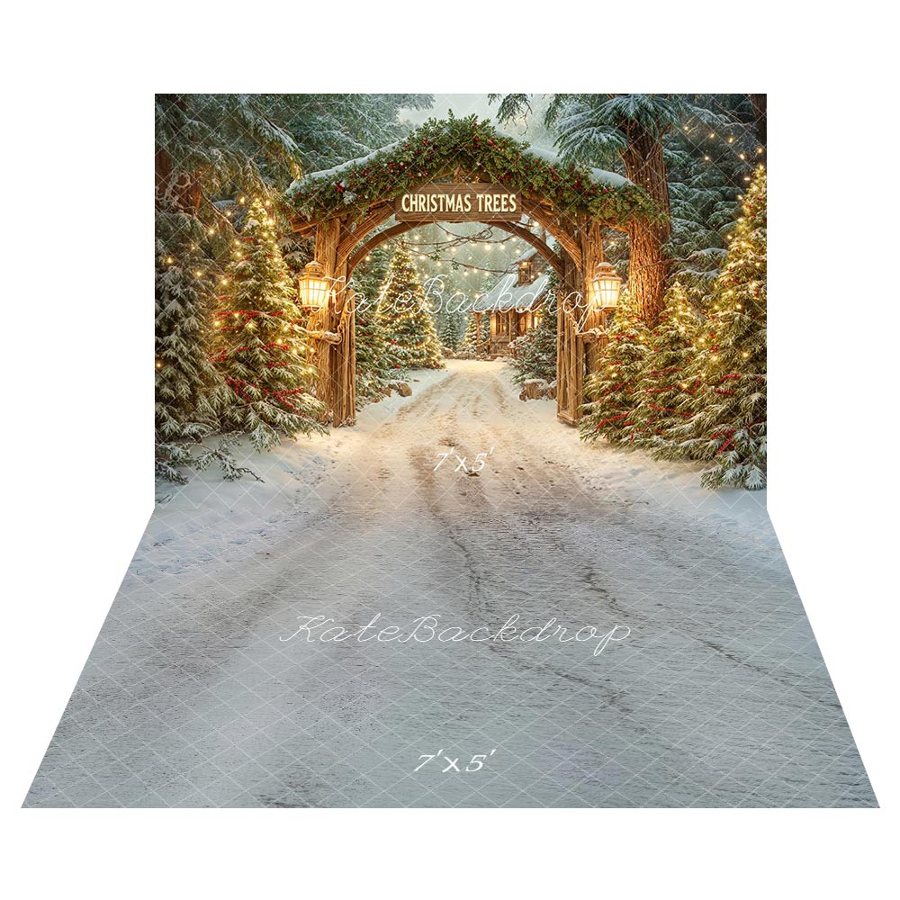 Kate Christmas Tree Arch Snowy Forest Pathway Cabin Backdrop+Winter Snow Path Floor Backdrop