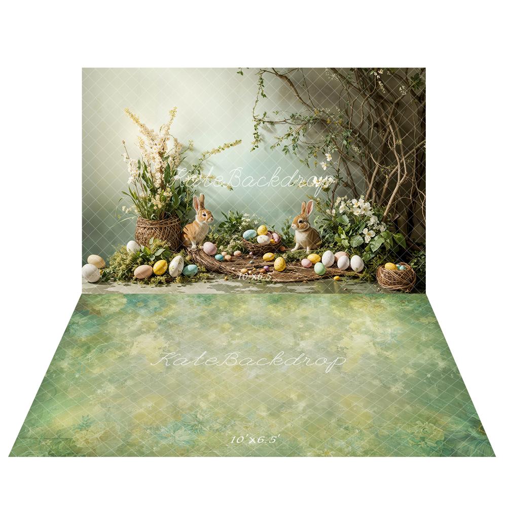 Kate Easter Bunny Pastel Eggs Floral Nest Backdrop+Abstract Texture Green Vintage Floral Floor Backdrop