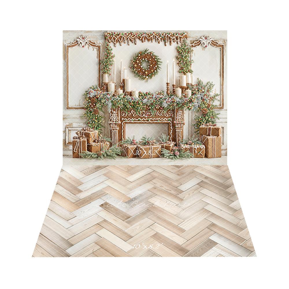 Kate Christmas Gingerbread Fireplace Garland Gifts Wreath Backdrop+Light Wood Herringbone Floor Backdrop