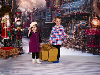 Kate Christmas Polar Train Nutcracker Clock Tree Snowy Printed Backdrop Designed by Emetselch