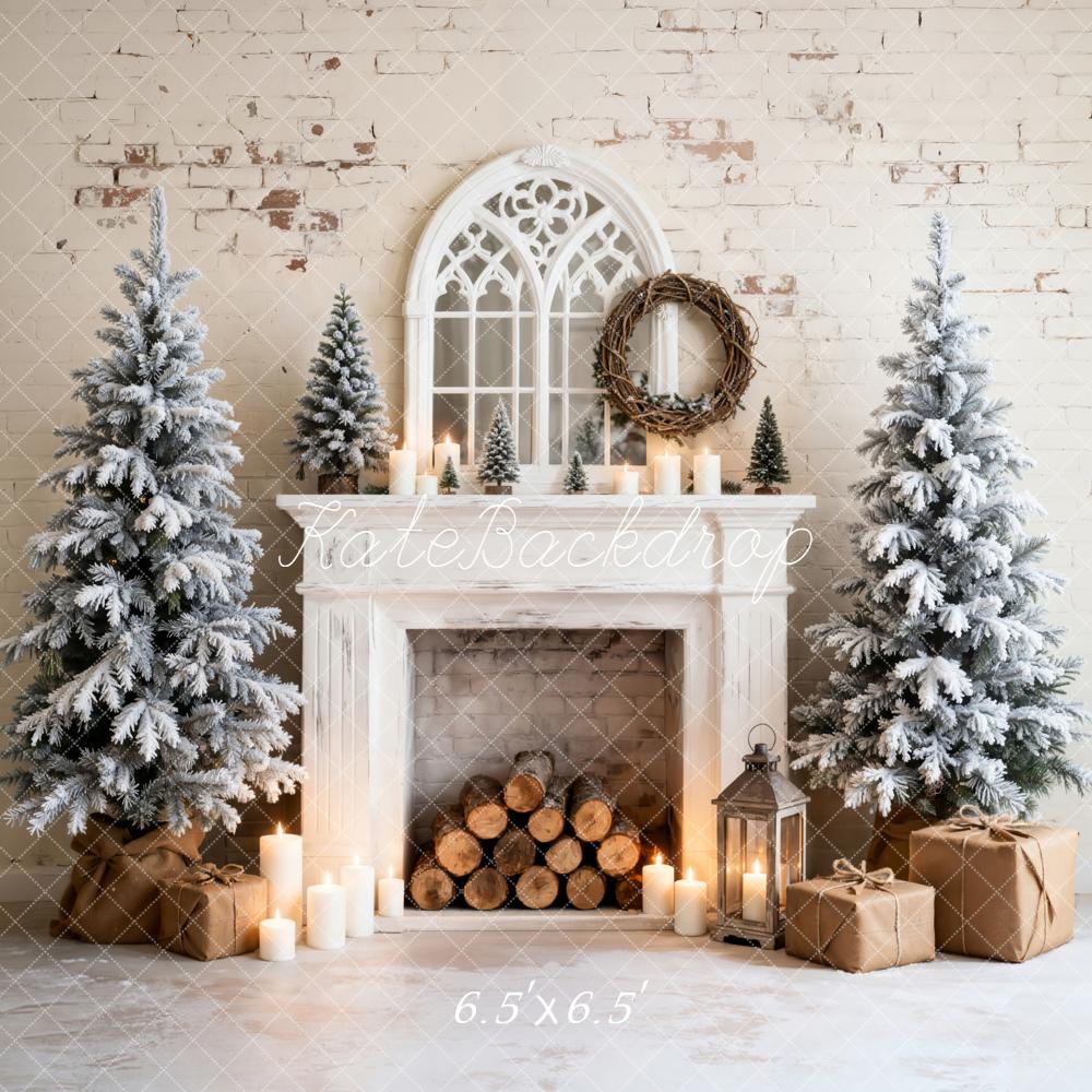 Kate Christmas Fireplace Snowy Trees Gift Boxes Candles Backdrop Designed by Emetselch