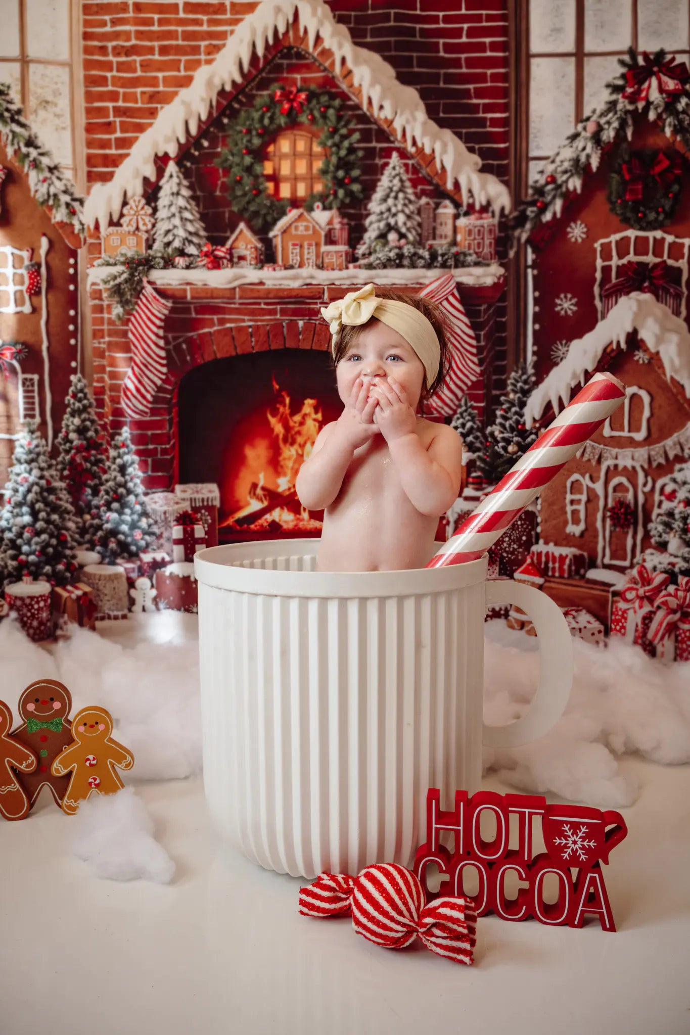 Kate Christmas Gingerbread Fireplace Trees Gifts Brick Wall Backdrop Designed by Emetselch