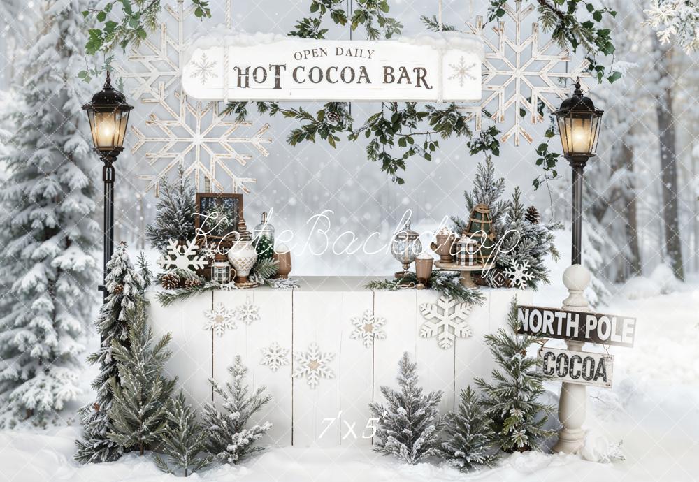 Kate Christmas Hot Cocoa Bar Snowy Pine Trees Backdrop Designed by Emetselch