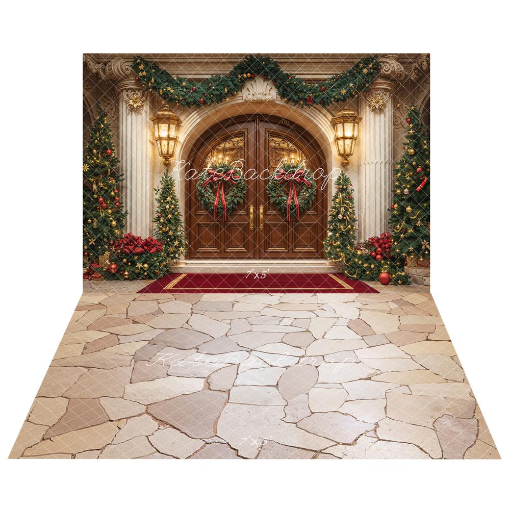 Kate Christmas Garland Wreath Trees Retro Doorway Arch Backdrop+Beige Stone Cobblestone Floor Backdrop