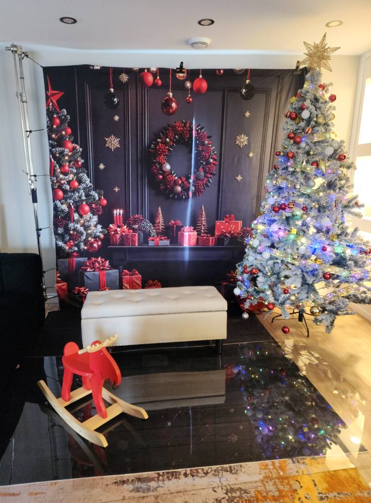 Kate Christmas Trees Black Retro Wall Wreath Gift Boxes Backdrop Designed by Mini MakeBelieve