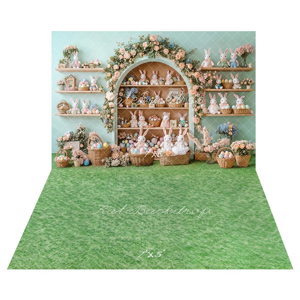 Kate Easter Bunny Flower Arch Cabinet Pastel Eggs Baskets Backdrop+Spring Green Grass Floor Backdrop