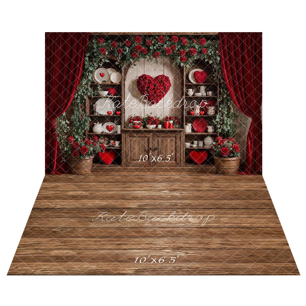 Kate Valentines Red Roses Heart Rustic Cabinet Curtains Backdrop+Brown Wooden Plank Floor Backdrop