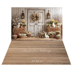 Kate Easter Bunny Rustic Door Flowers Baskets Printed Backdrop+Light Brown Wood Plank Floor Printed Backdrop
