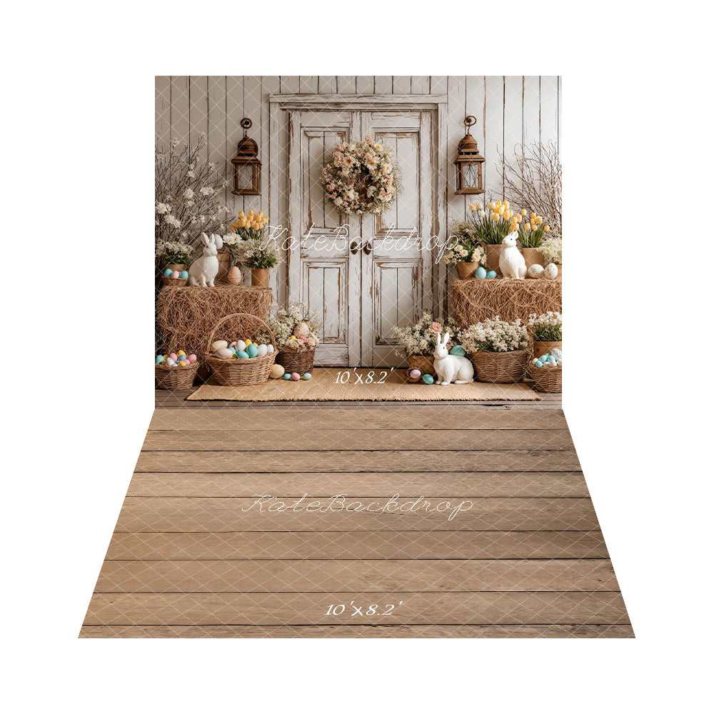 Kate Easter Bunny Rustic Door Flowers Baskets Backdrop+Light Brown Wood Plank Floor Backdrop