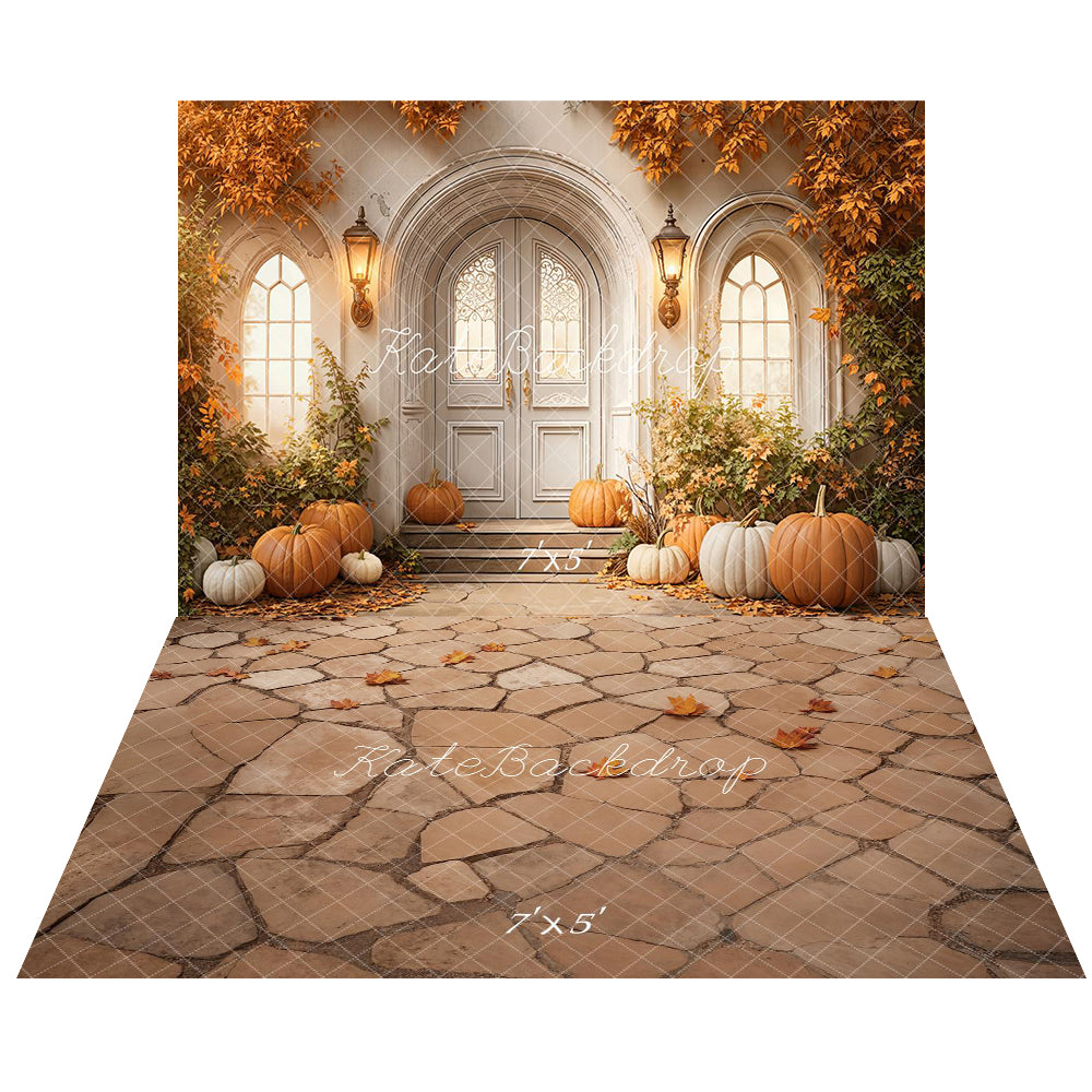 Kate Fall Pumpkins Front Door Arch Leaves Backdrop+Fall Leaves Cobblestone Floor Backdrop