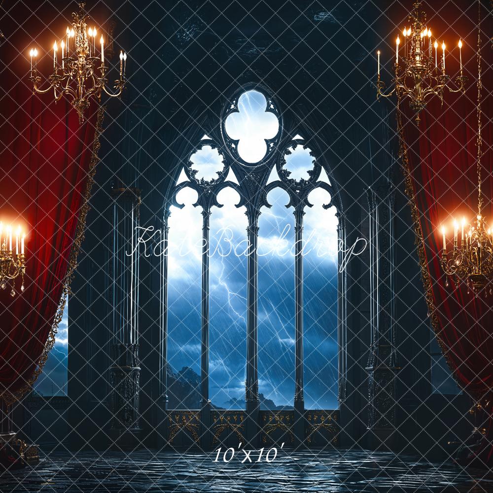 Kate Halloween Gothic Castle Window Chandelier Red Curtains Backdrop Designed by Emetselch