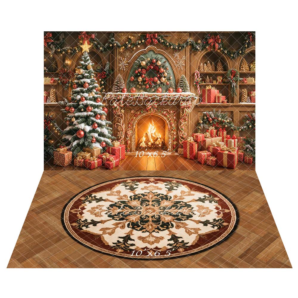 Kate Christmas Fireplace Gingerbread Tree Garland Presents Backdrop+Round Retro Floral Rug Floor Backdrop