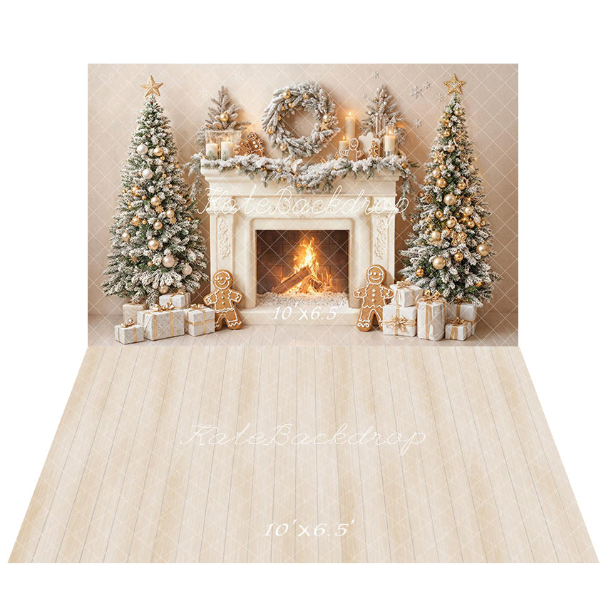 Kate Christmas Fireplace Gingerbread Snow Trees Gifts Backdrop+Beige Wood Panel Floor Backdrop