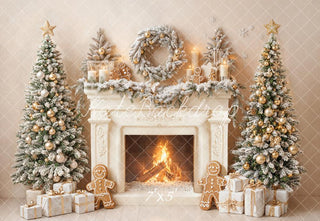 Kate Christmas Fireplace Gingerbread Snow Trees Gifts Printed Backdrop Designed by Emetselch