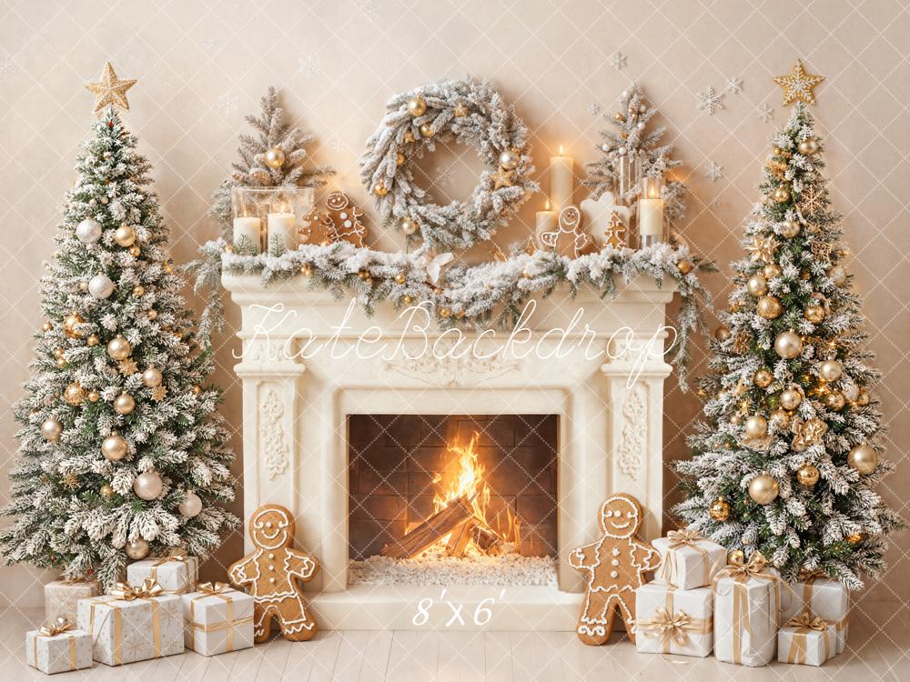 Kate Christmas Fireplace Gingerbread Snow Trees Gifts Backdrop Designed by Emetselch