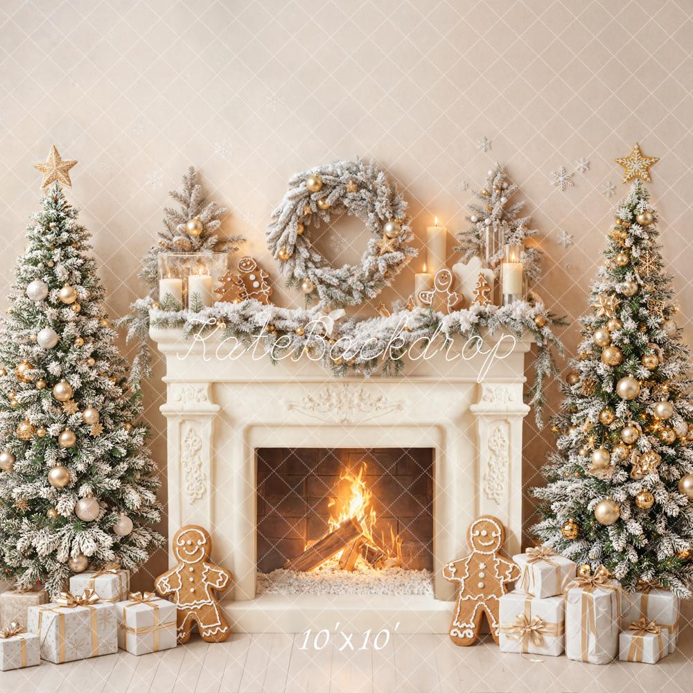Kate Christmas Fireplace Gingerbread Snow Trees Gifts Backdrop Designed by Emetselch