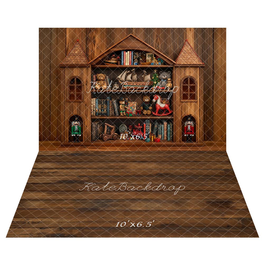 Kate Christmas Toys Room Wood Cabinet Shelf Nutcracker Backdrop+Brown Wooden Floor Backdrop