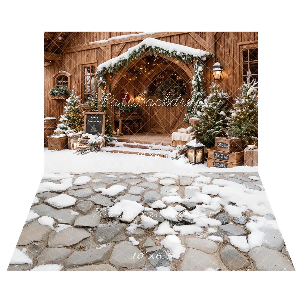 Kate Christmas Snowy Wooden Porch Pine Trees Backdrop+Winter Cobblestone with Snow Floor Backdrop