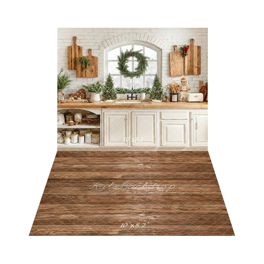 Kate Christmas Kitchen Cabinet Window Wreath Trees Wooden Cutting Boards Backdrop+Brown Wooden Plank Floor Backdrop