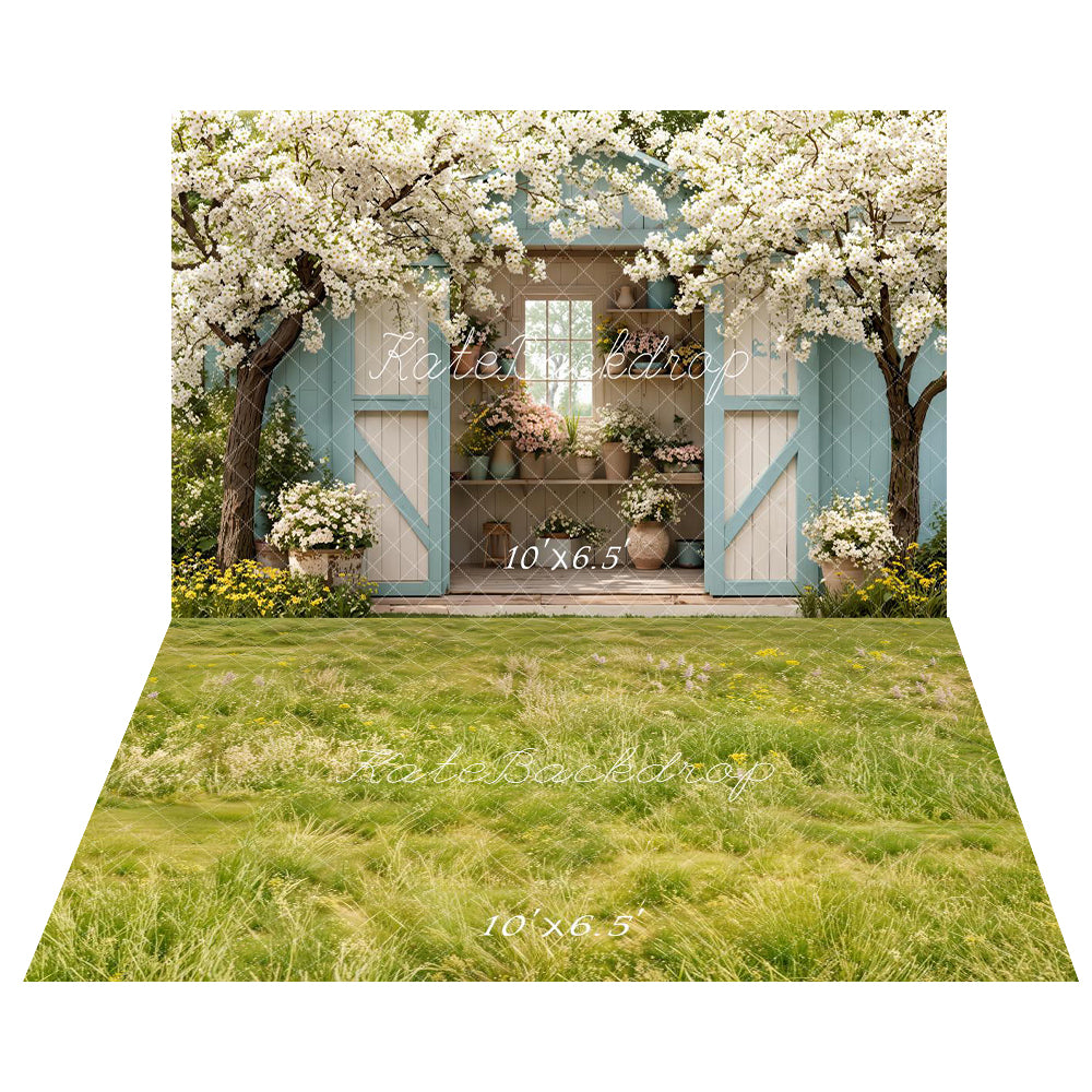Kate Spring Blue Garden Shed Flower Arch Blossoming Trees Backdrop+ Spring Light Green Meadow Grass Wildflowers Floor Backdrop