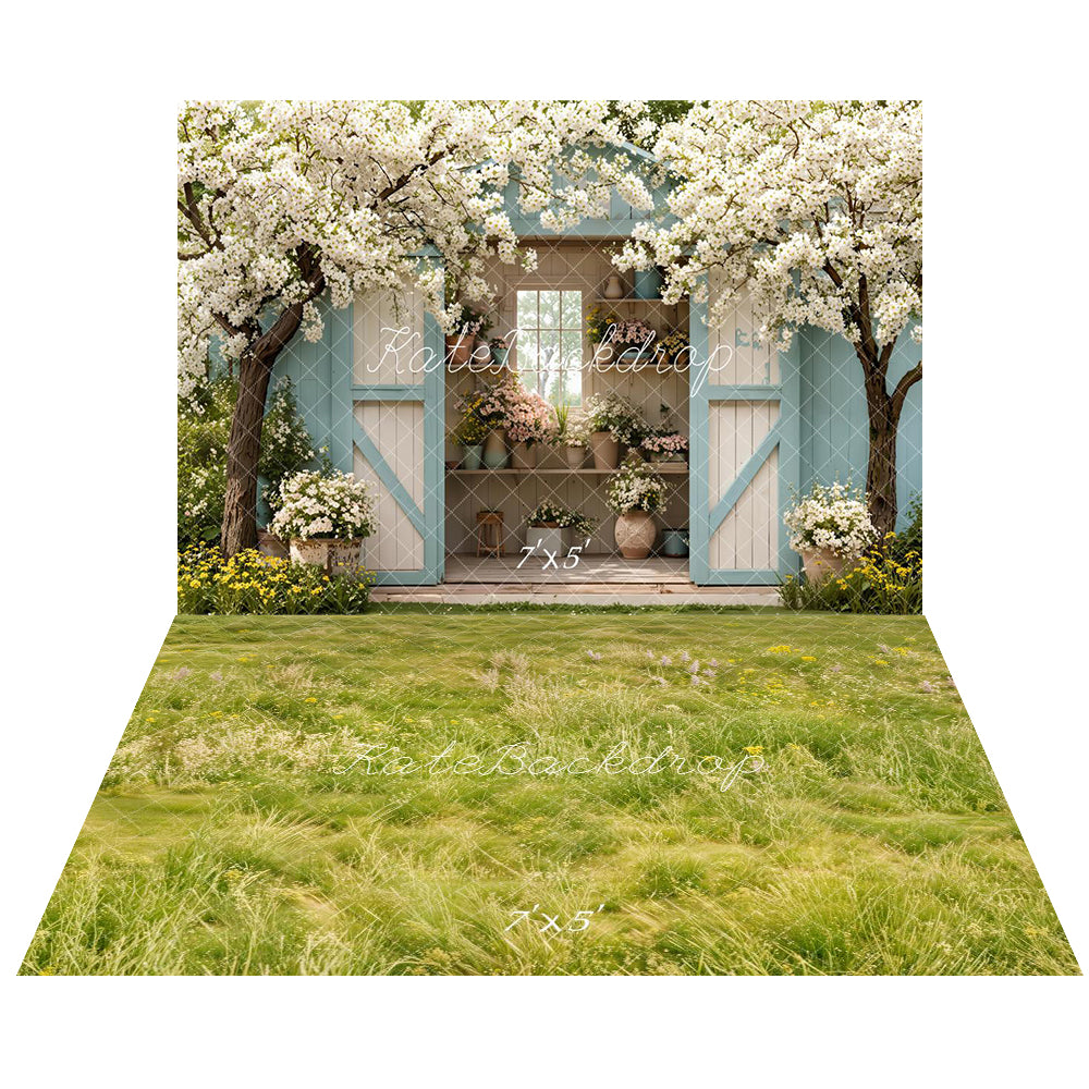 Kate Spring Blue Garden Shed Flower Arch Blossoming Trees Backdrop+ Spring Light Green Meadow Grass Wildflowers Floor Backdrop