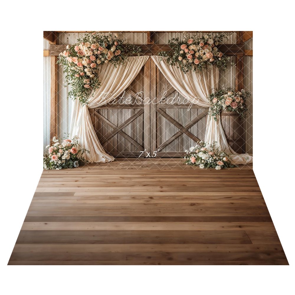 Kate Spring Romantic Flower Arch Barn Doors Cream Drapes Backdrop+Brown Wood Plank Floor Backdrop Backdrop