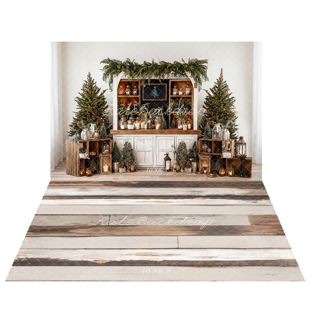 Kate Christmas Pine Trees Wooden White Cabinet Bottles Backdrop+ Light Brown White Retro Wood Floor Backdrop