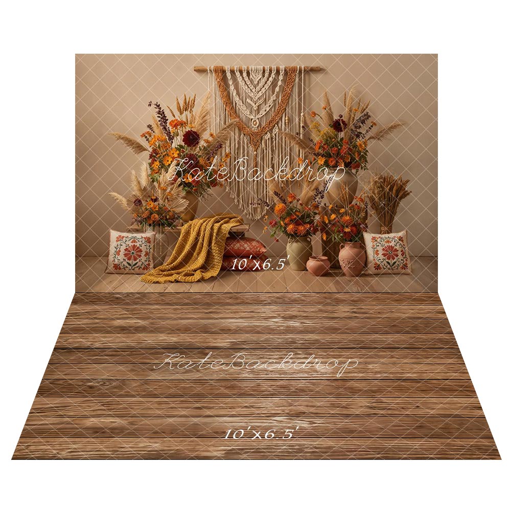 Kate Boho Macrame Pampas Grass Floral Vases Backdrop+ Brown Wooden Plank Floor Backdrop