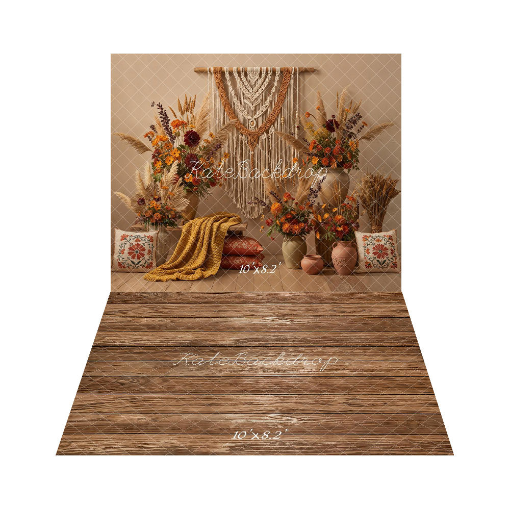 Kate Boho Macrame Pampas Grass Floral Vases Backdrop+ Brown Wooden Plank Floor Backdrop