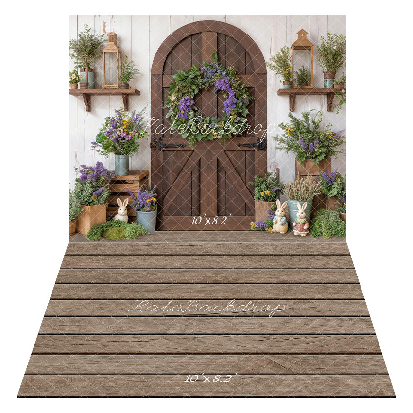 Kate Easter Bunny Floral Wreath Brown Wooden Door Backdrop+Light Brown Wood Plank Floor Backdrop