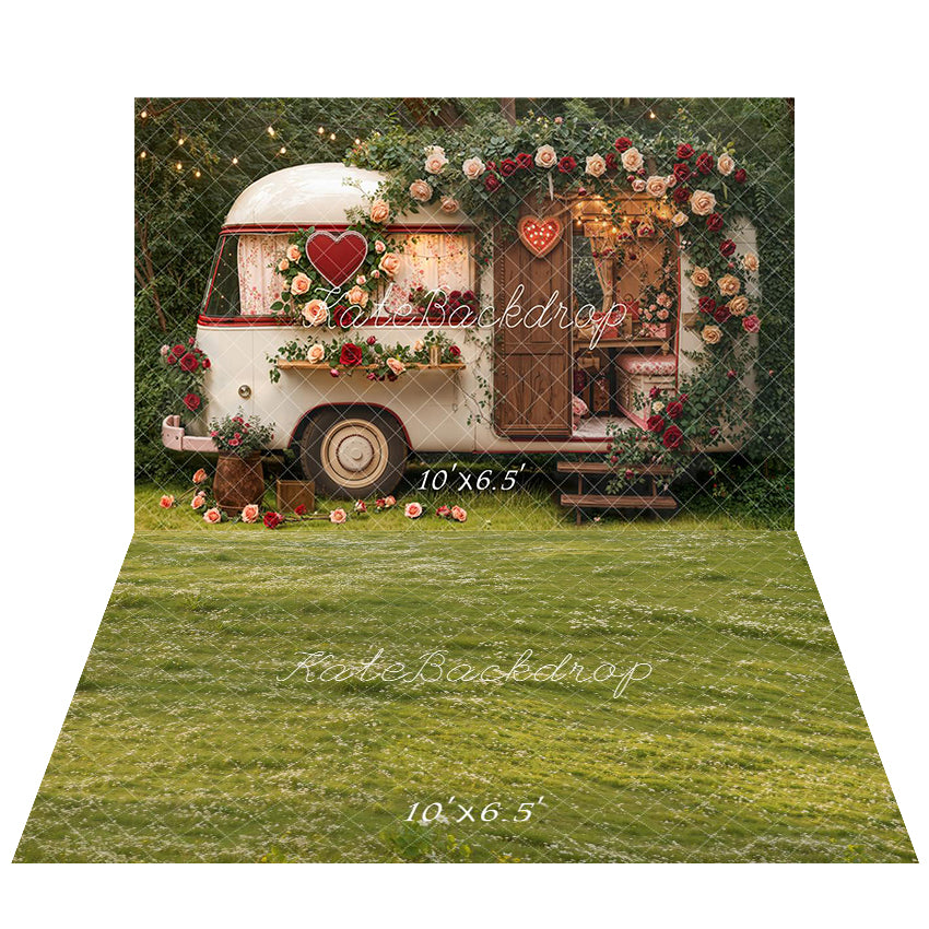 Kate Valentine's Day Vintage Camper Floral Heart Garland String Lights Backdrop+Spring Green Meadow White Flowers Floor Backdrop